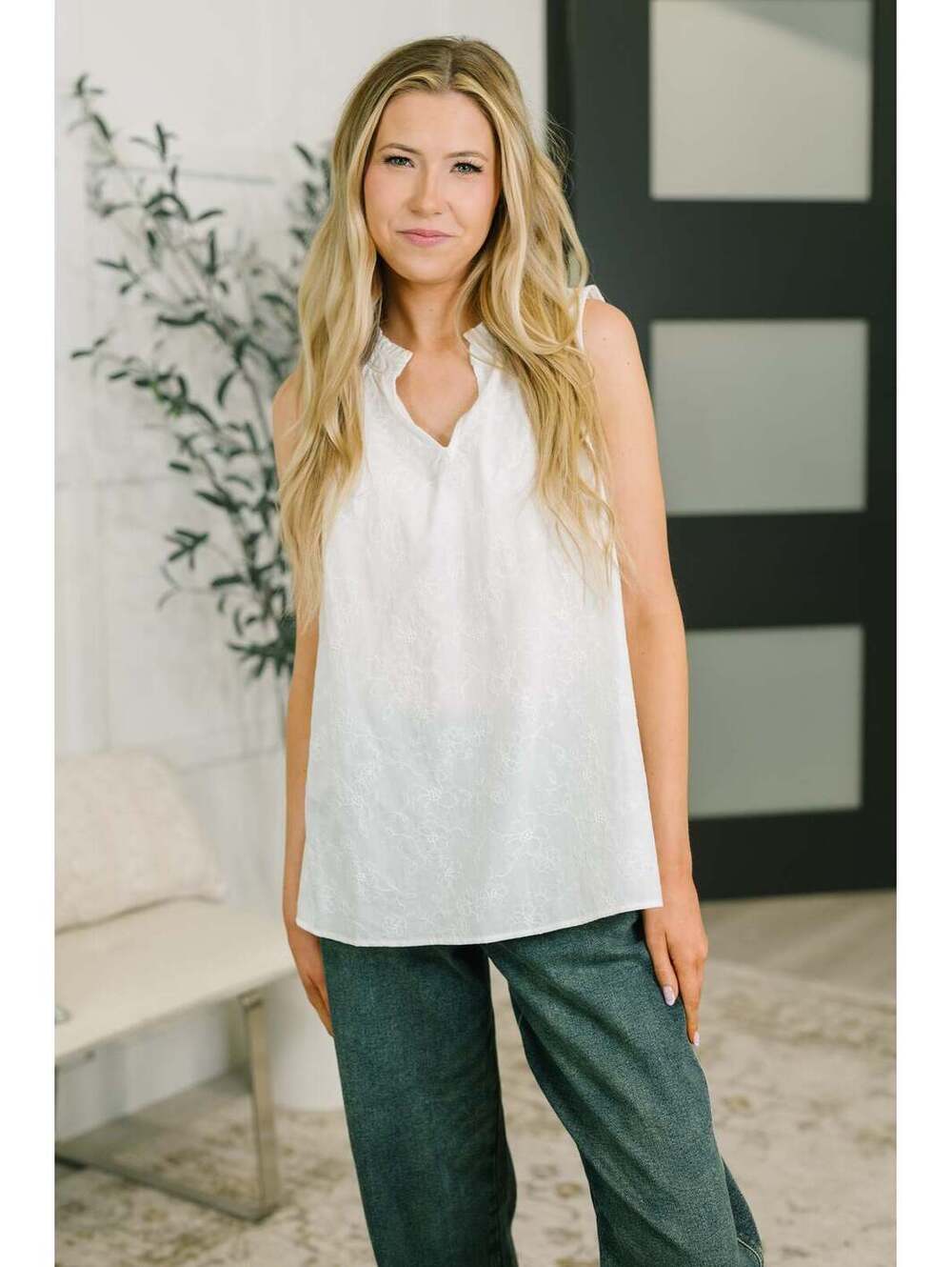 Camellia Split Neck Embroidered Tank in Off White
